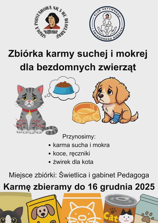 Zbiórka dla bezdomnych zwierząt w Szkole Podstawowej nr 3 im. Mikołaja Kopernika we Włocławku